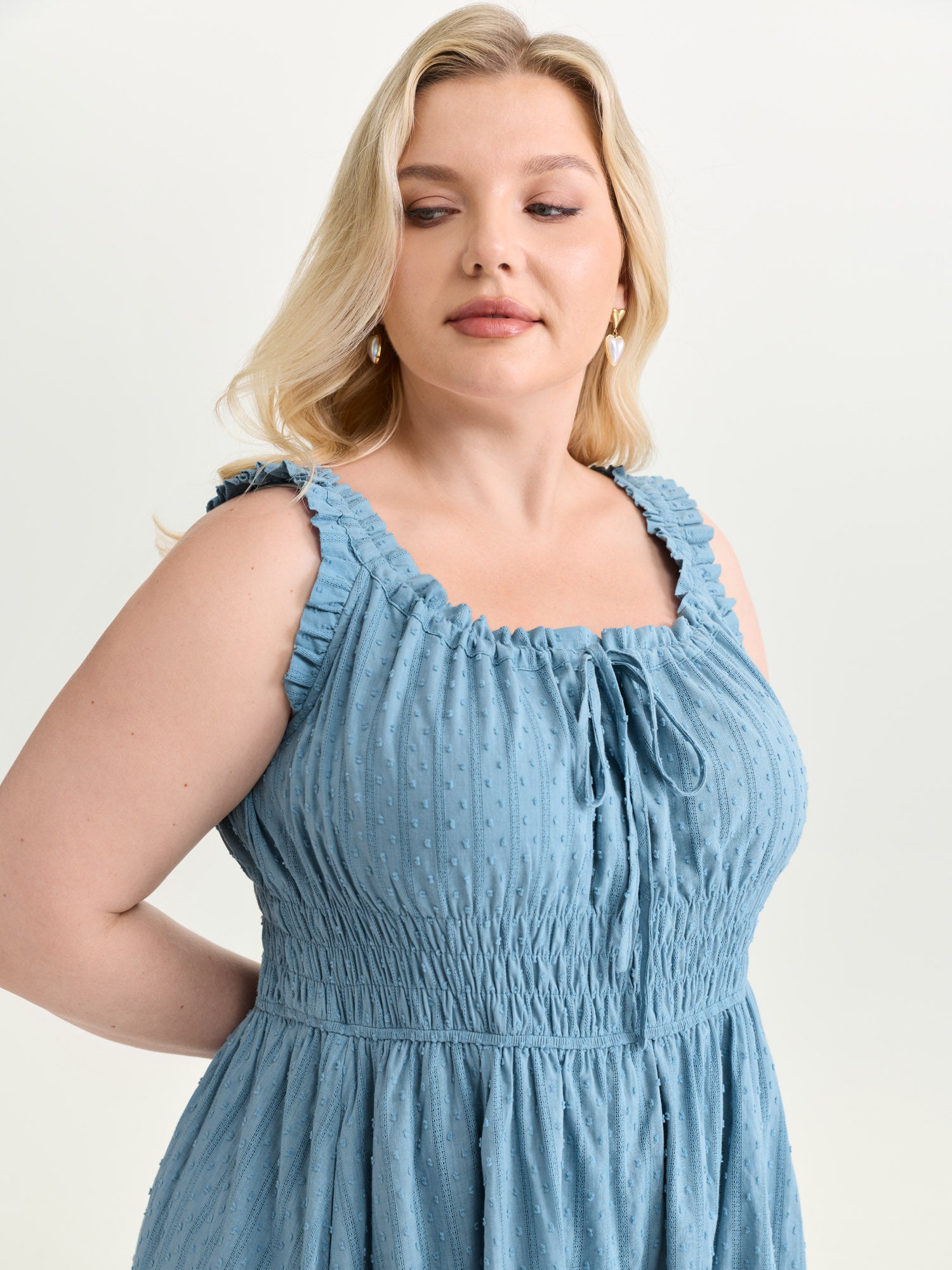 Textured Shirred Bodice Ruffled Straps Midi Dress