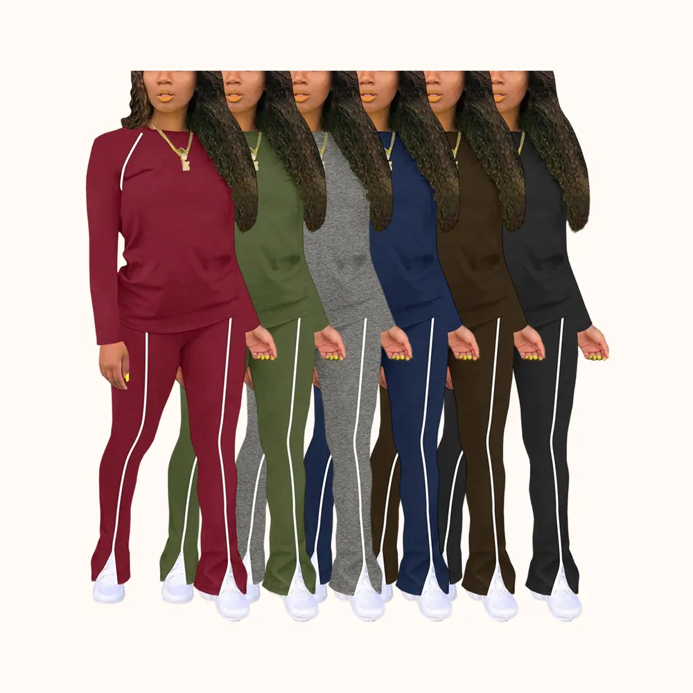 Women's Fashion New Round Neck Solid Color Patch Long Sleeve Top & Pants Set, Two-Piece for Casual Wear