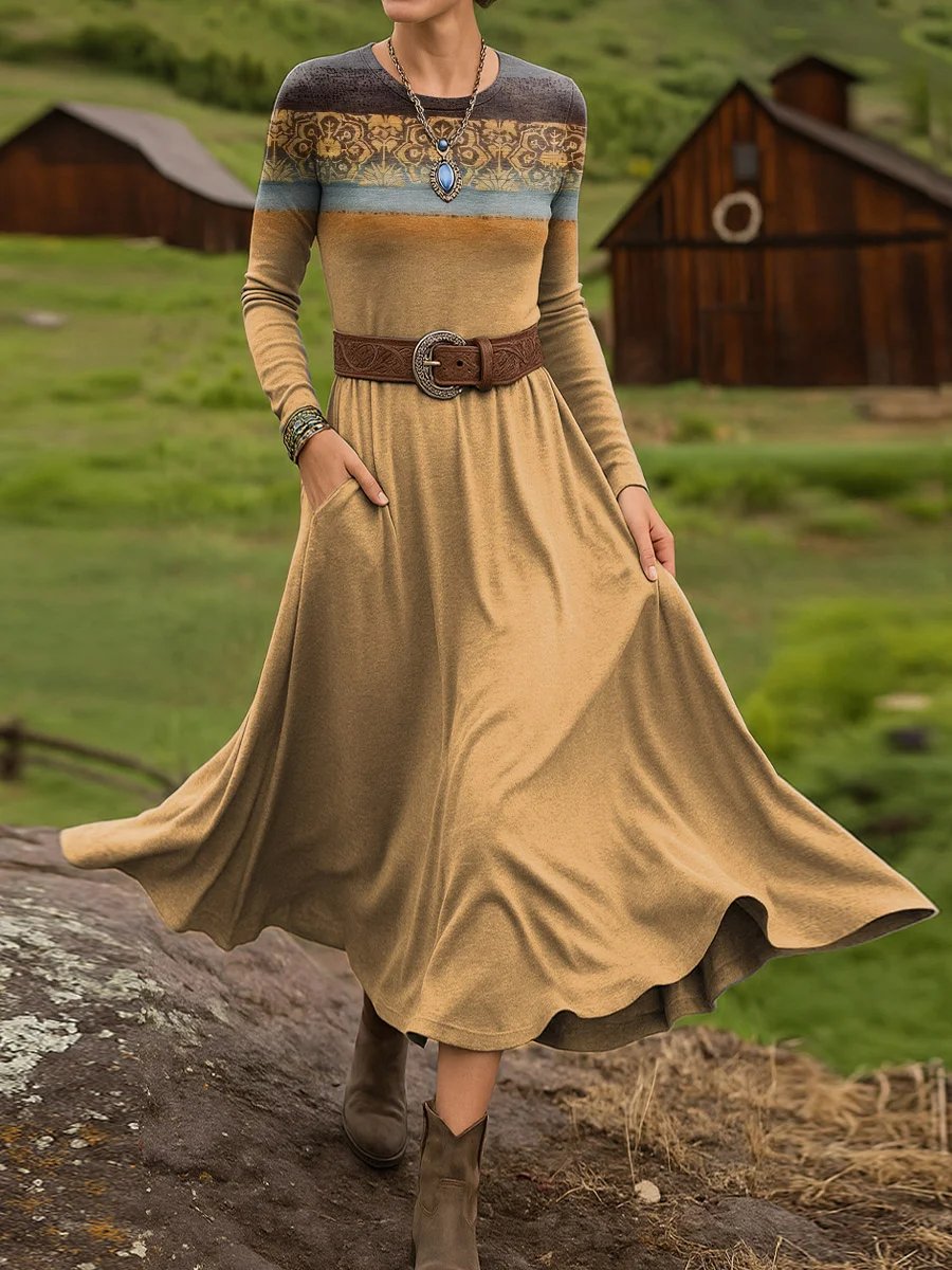 Women's Retro Art Print Long Sleeve Dress