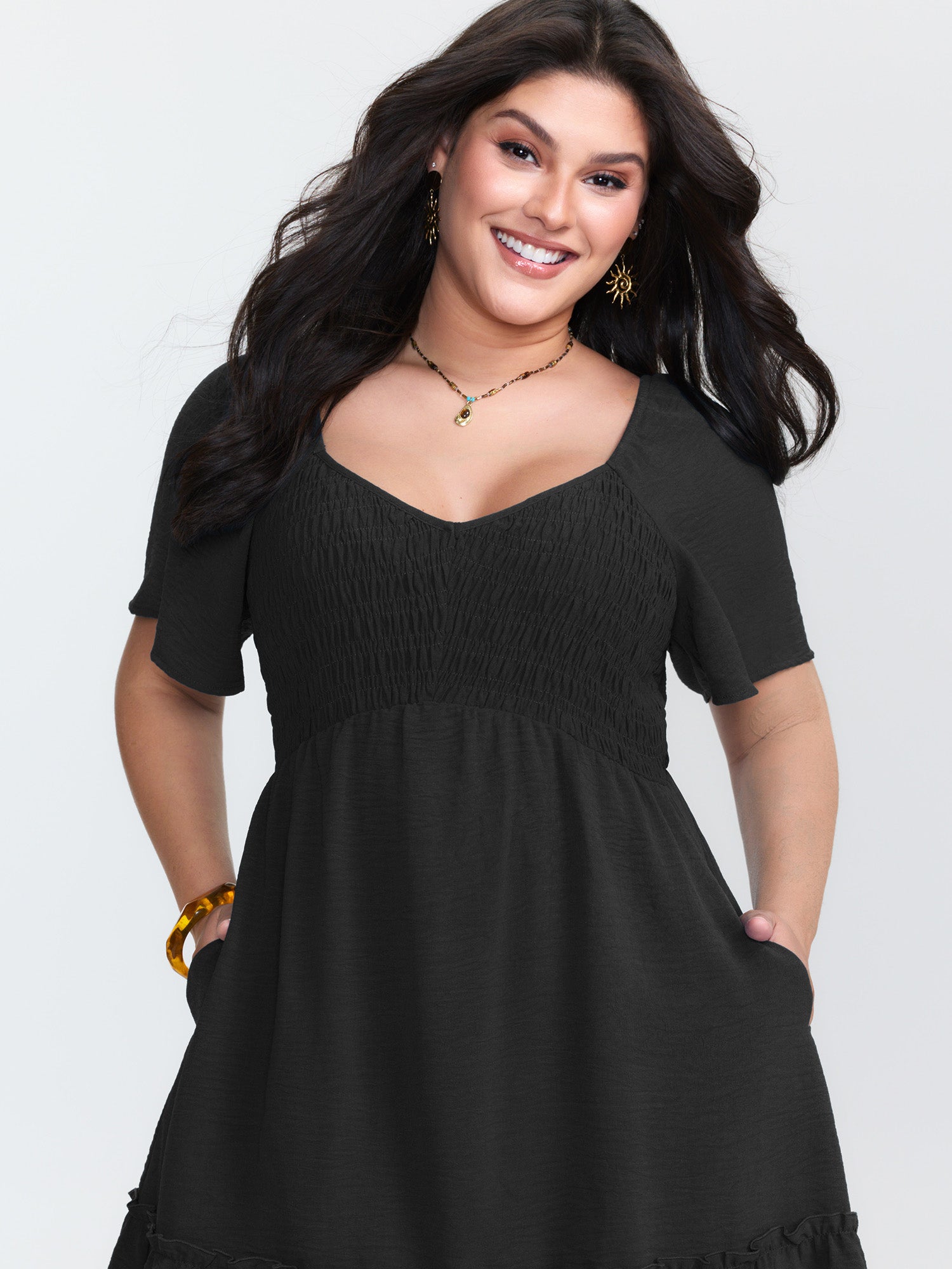 Shirred Bodice Ruffle Hem Flowy Mini Dress