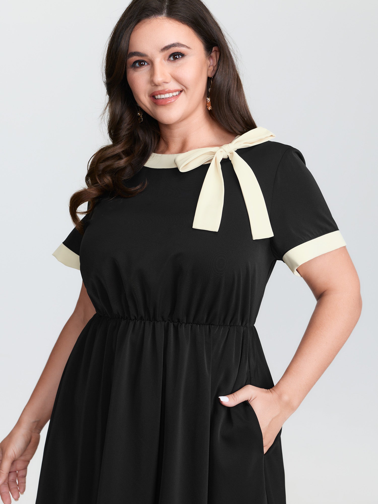 Bow Neckline Stretchy Waist Midi Dress