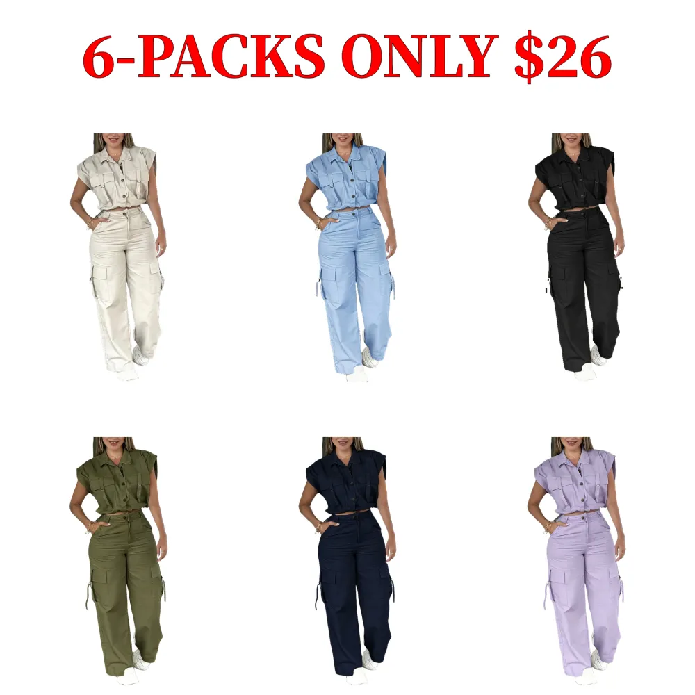 Women's solid-colored button-up vest top paired with cargo pants.