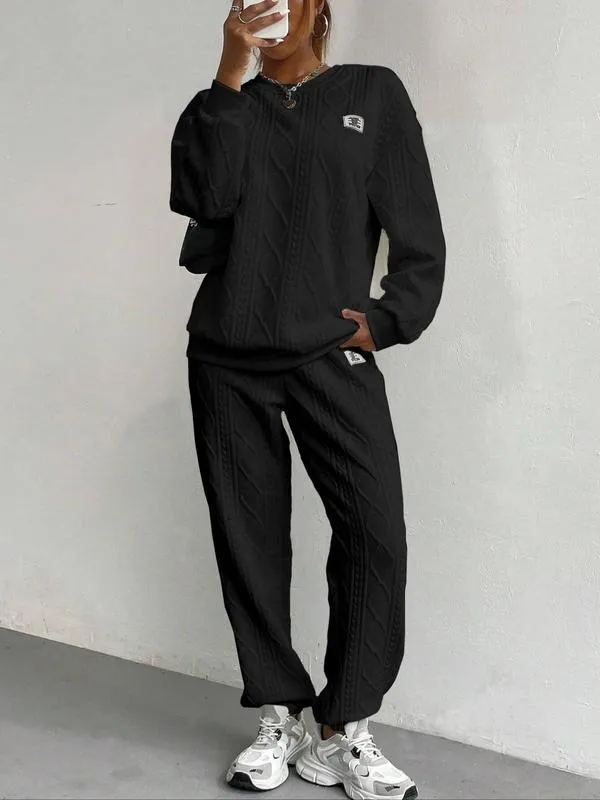 Women's Solid Patched Drop Shoulder Sweatshirt & Elastic Waist Pants Two-piece Set