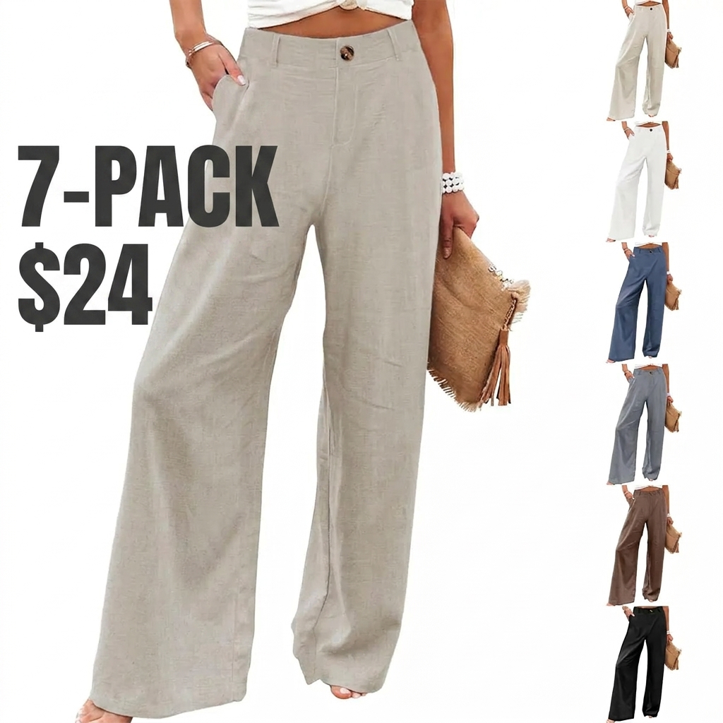 Women's High Waisted Wide Leg Linen Pants Casual Button Up Cotton Trousers for Summer Loose Comfy Beach Pants