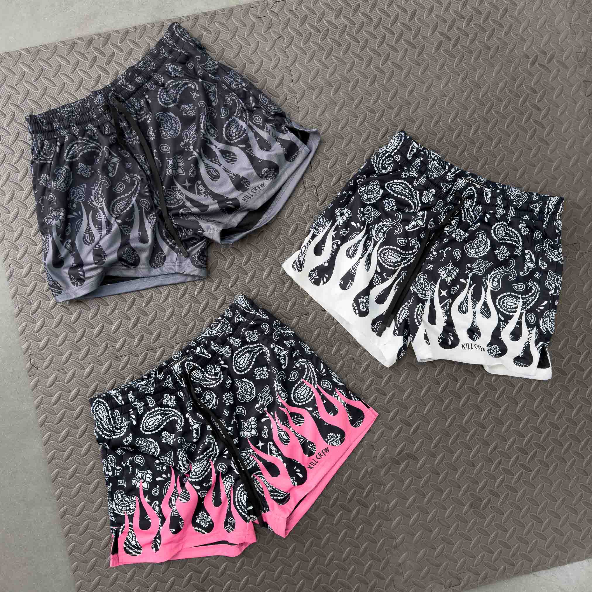 MUAY THAI SHORTS (MID THIGH CUT) BANDANA FLAME - BLACKOUT