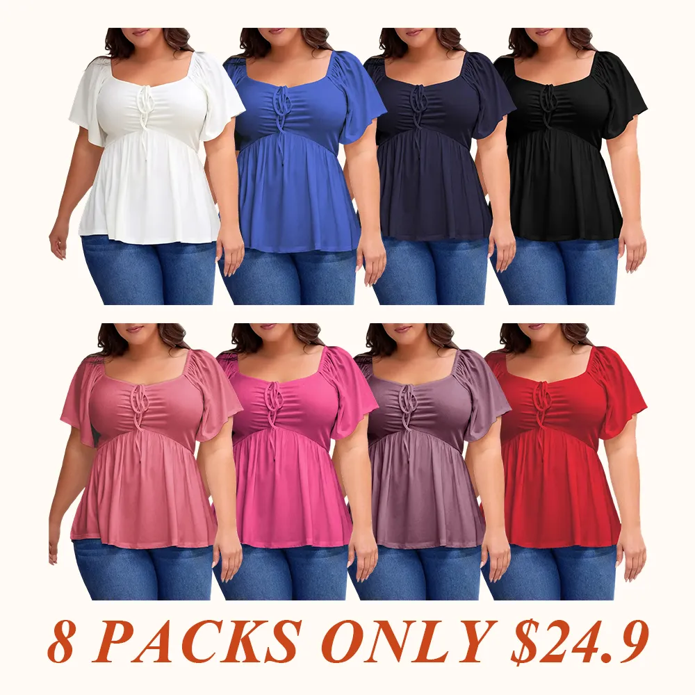 Women Plus Size Sweetheart Neck Short Sleeve Shirred Peplum Blouse Tops Shirts