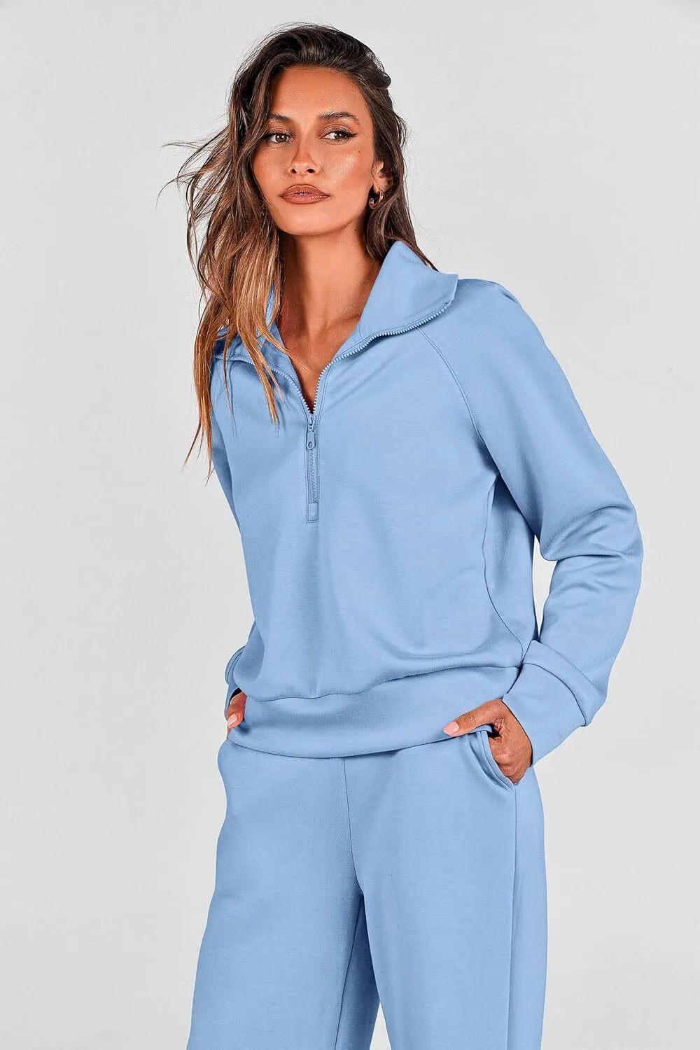 🔥Final Day Clearance!🛒Women's 2 Piece Outfits Casual Lapel Half Zip Sweatshirts And Wide Leg Pants Tracksuit Sets