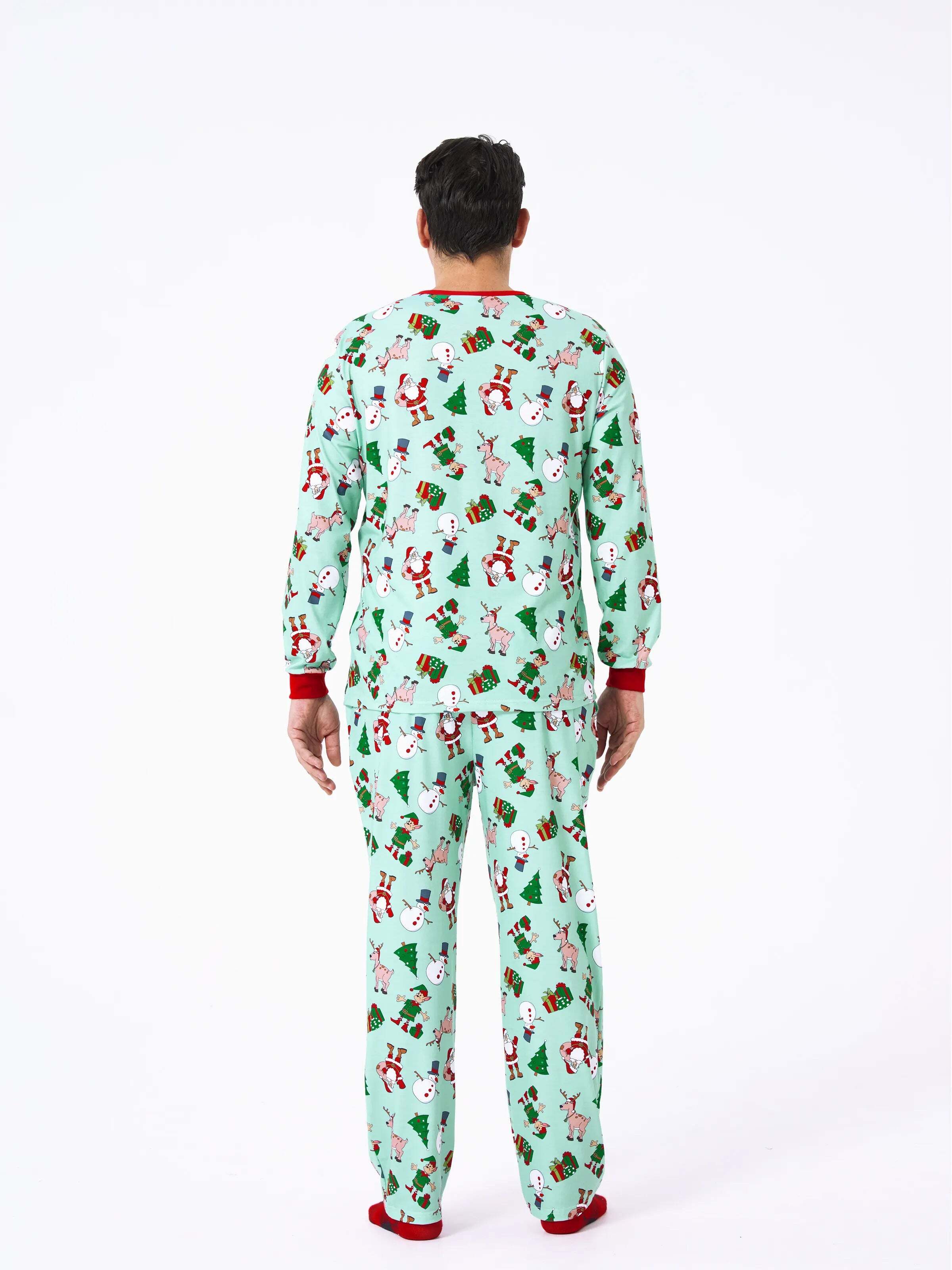 Christmas Matching Family Pajamas Set Reindeer Christmas-themed Print PJS with Christmas Socks Pale Green