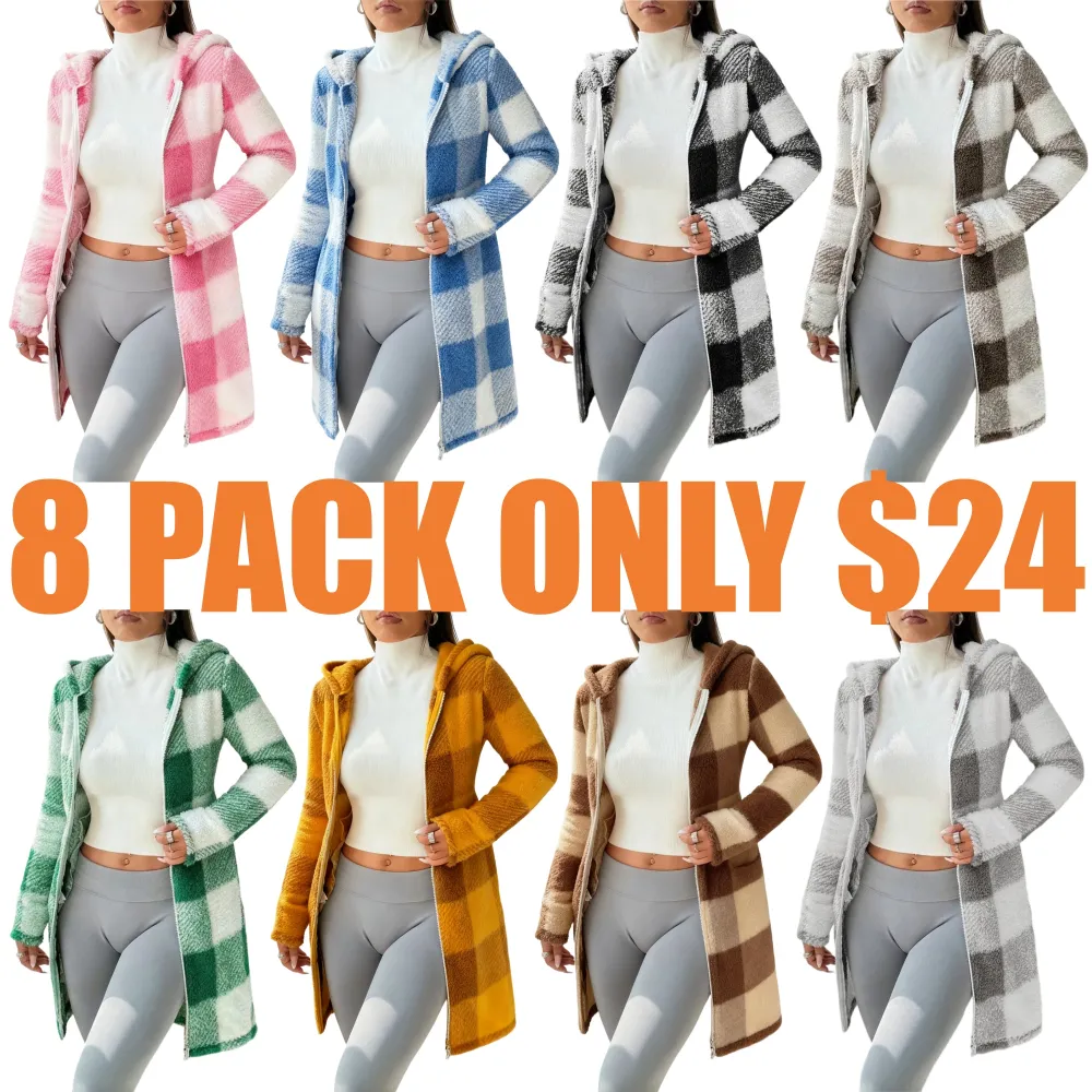 Women's Plaid Fleece Long Sleeve Hooded Coat