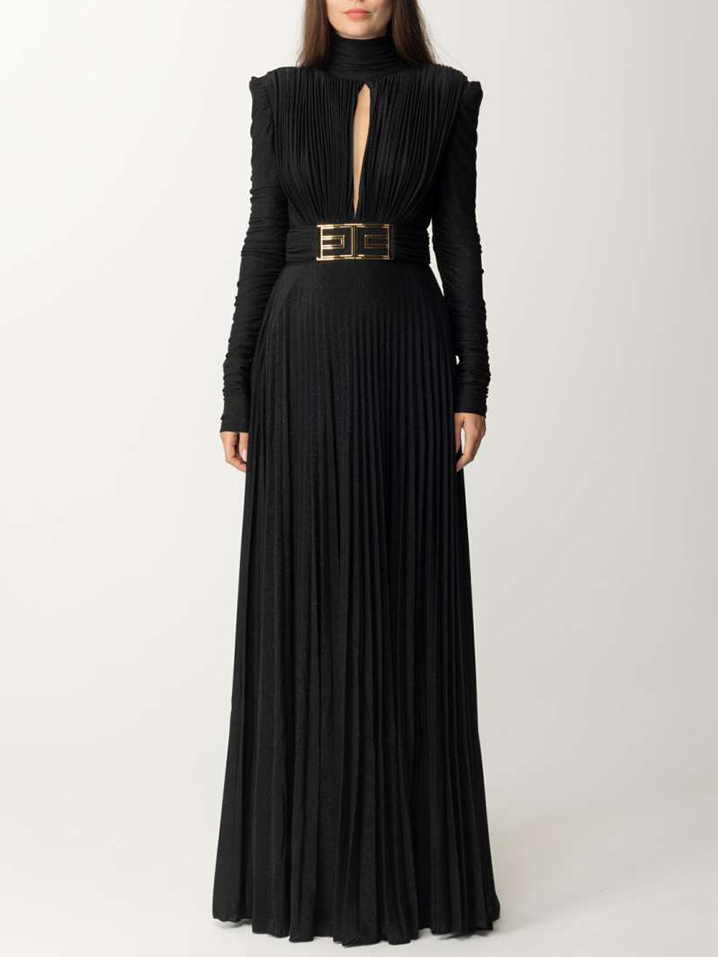 Long Sleeves Pleated Solid Color Split-Side V-Back High-Neck Evening Dresses Maxi Dresses