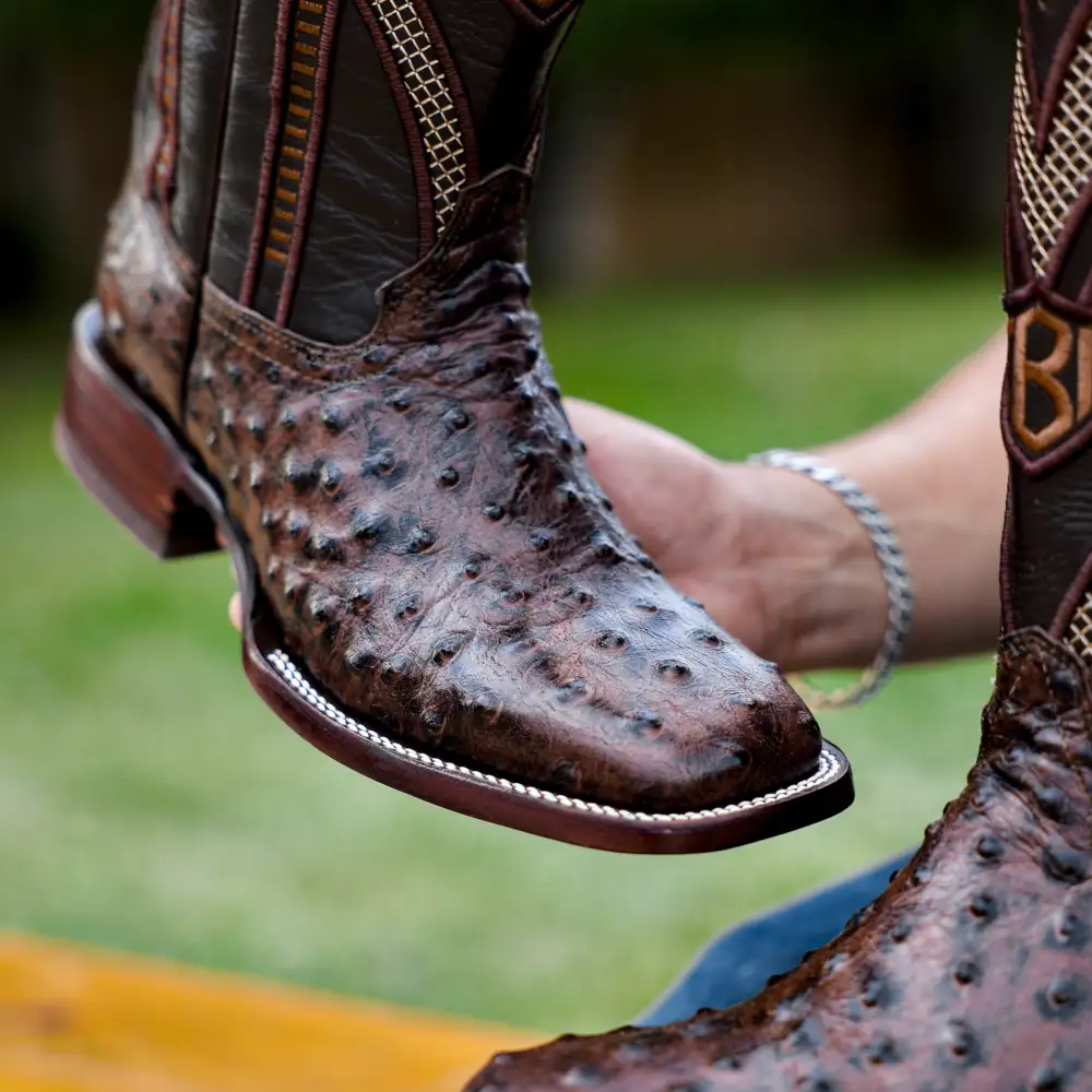 Chocolate Brown Ostrich Leather Boots - Square Toe