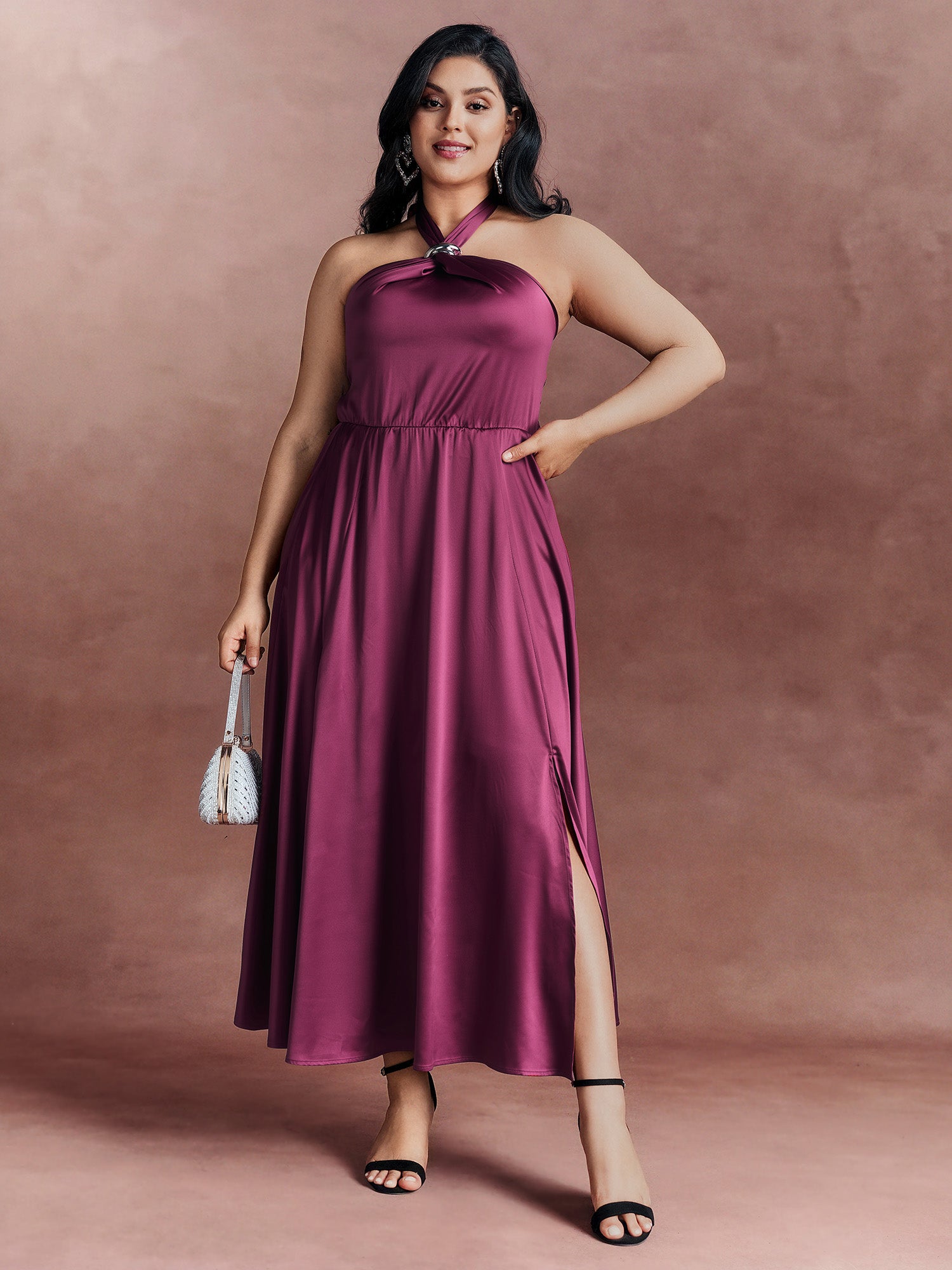 Halter Neck Metallic Detail Satin Maxi Dress