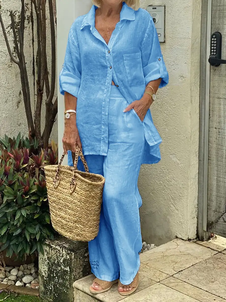 Solid Color Shirt And Pants Two-Piece Set