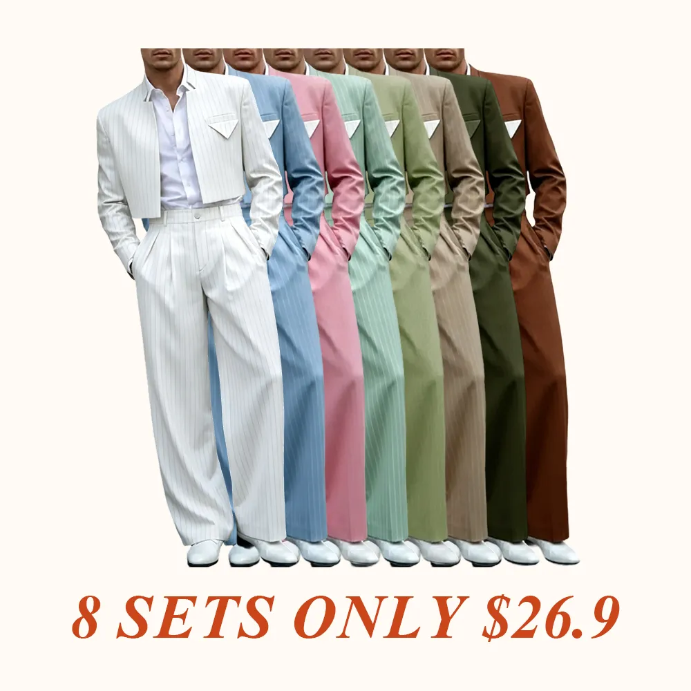 Men's Pinstripe 2-Piece Set Cropped Blazer & High Waist Wide Leg Pants Suit