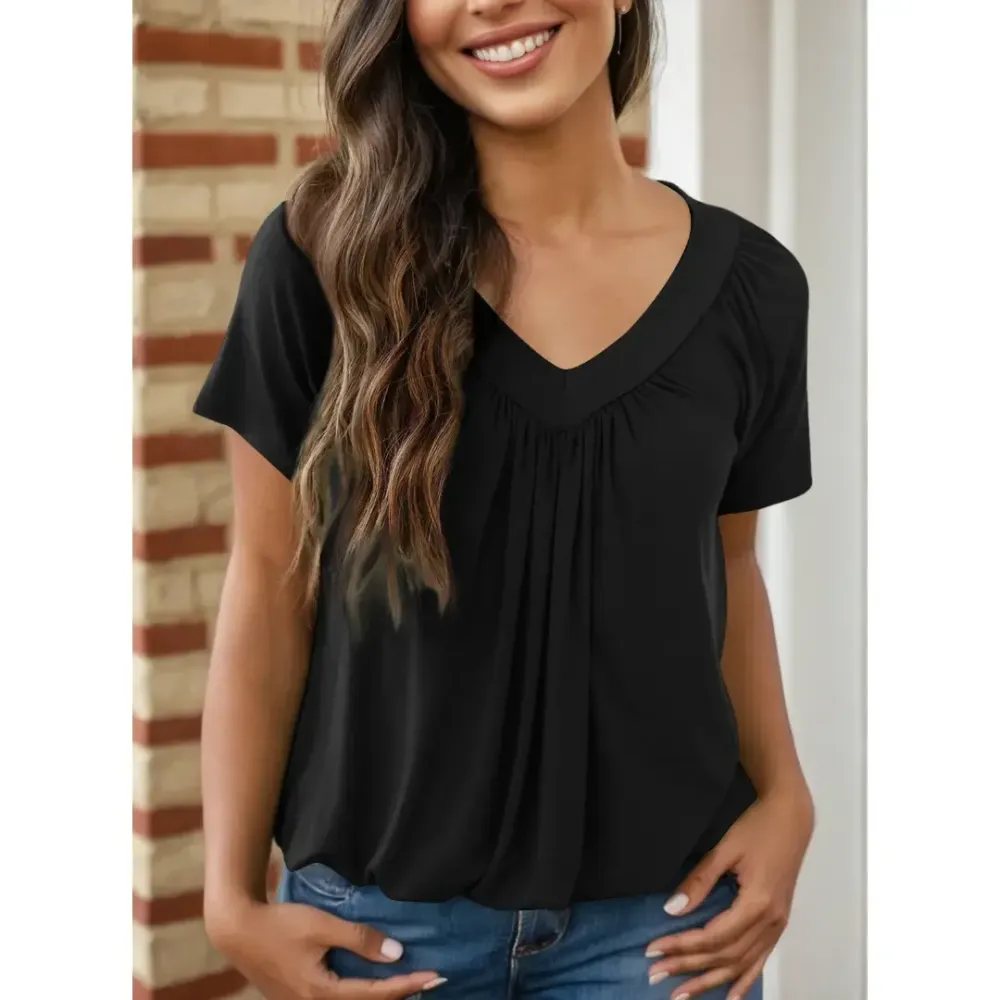 Women's Casual Summer Short Sleeve V Neck Tops T-shirts - Loose Fit & Comfortable Shirring Top