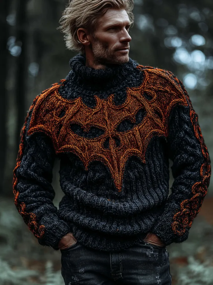Men's Halloween 3d Embroidered Bat Warm High Collar Sweater