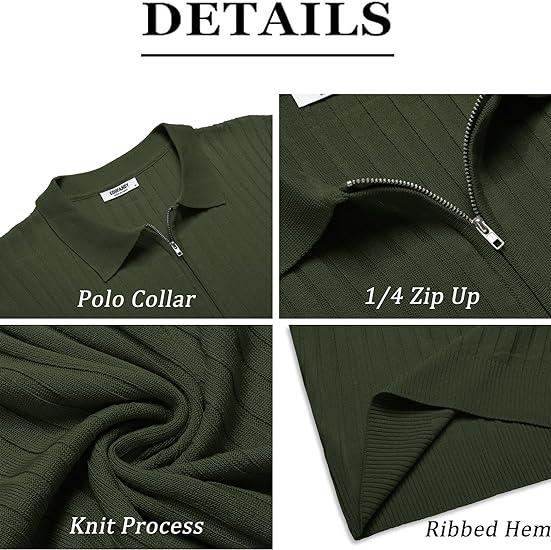 Men's Zipper Polo Shirts Short Sleeve Ribbed Knit Polo T Shirts Fashion Casual Golf Shirts