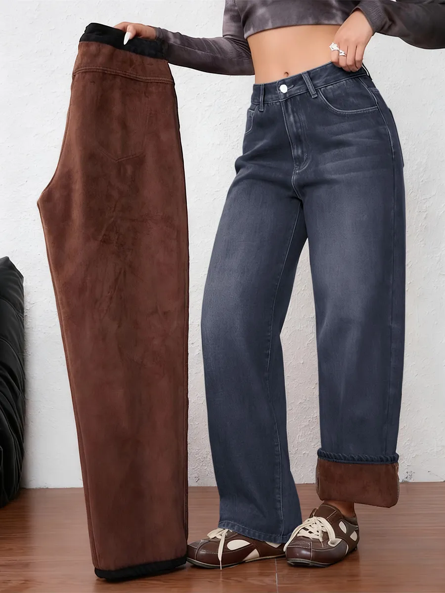 Women's Vintage Fleece-Lined Thickened Fall Winter Wide Leg Jeans