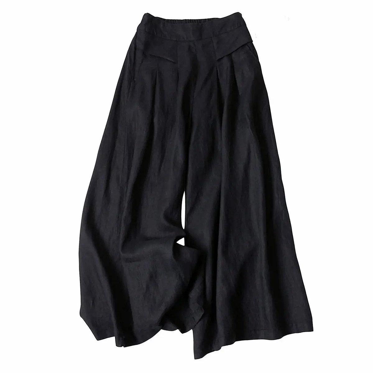 【Stock Up Deals】Women's Cotton Linen Culottes Pants Elastic Waist Wide Leg Palazzo Trousers Capri Pants with Pockets