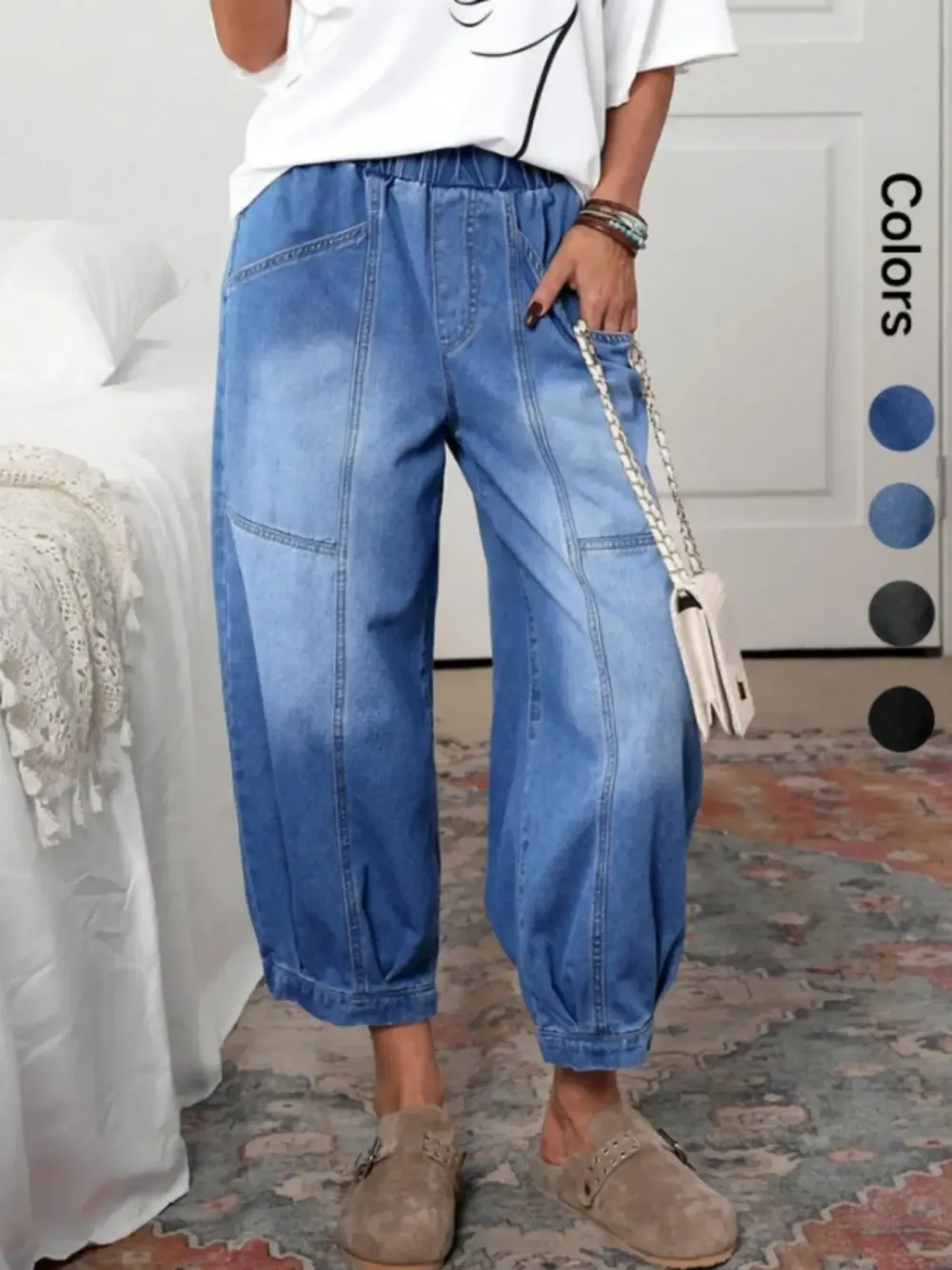 Women's Plaid Loose-Fit Woven Denim Jeans, Casual All-Seasons Comfortable Design