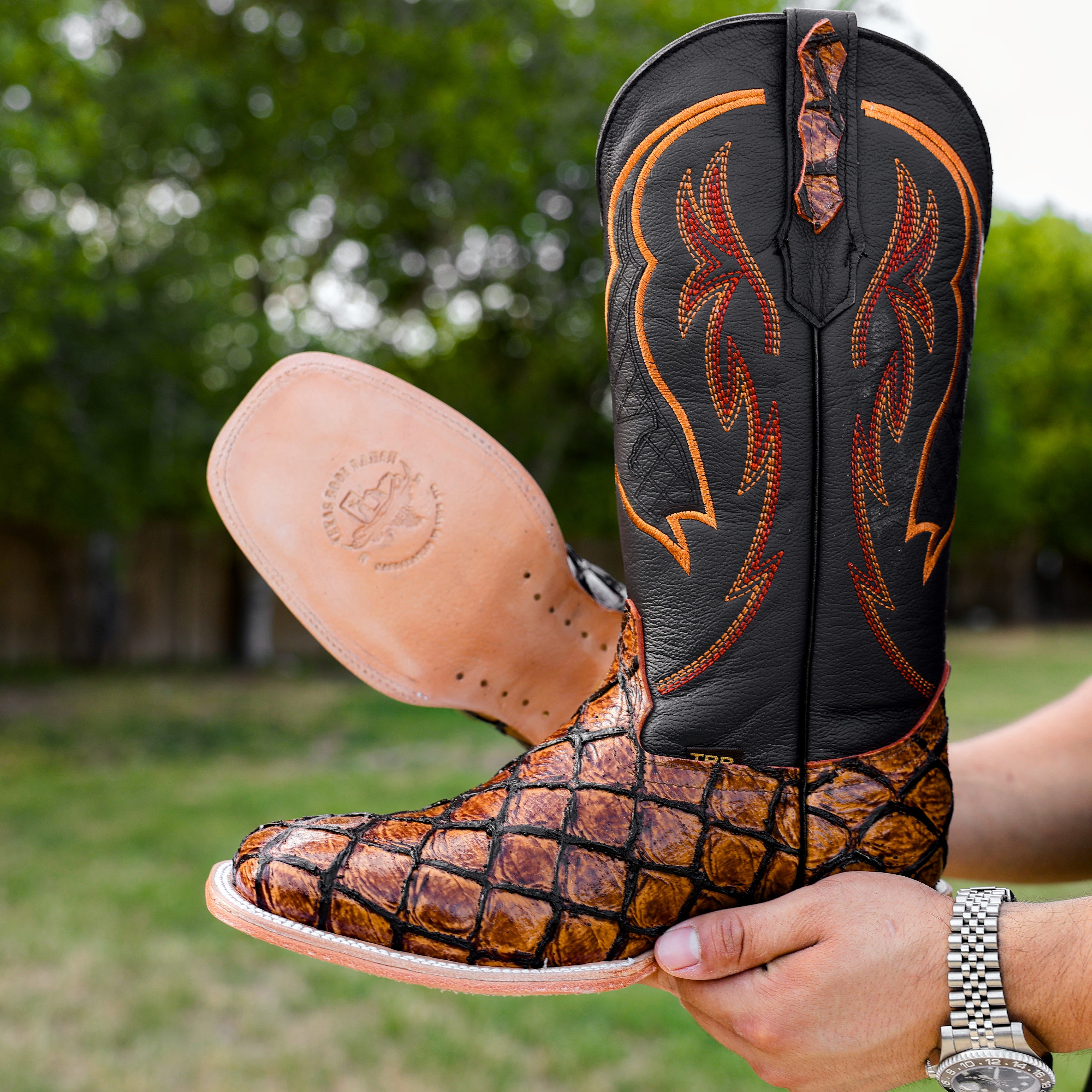 Cognac Pirarucu Leather Boots - Square Toe