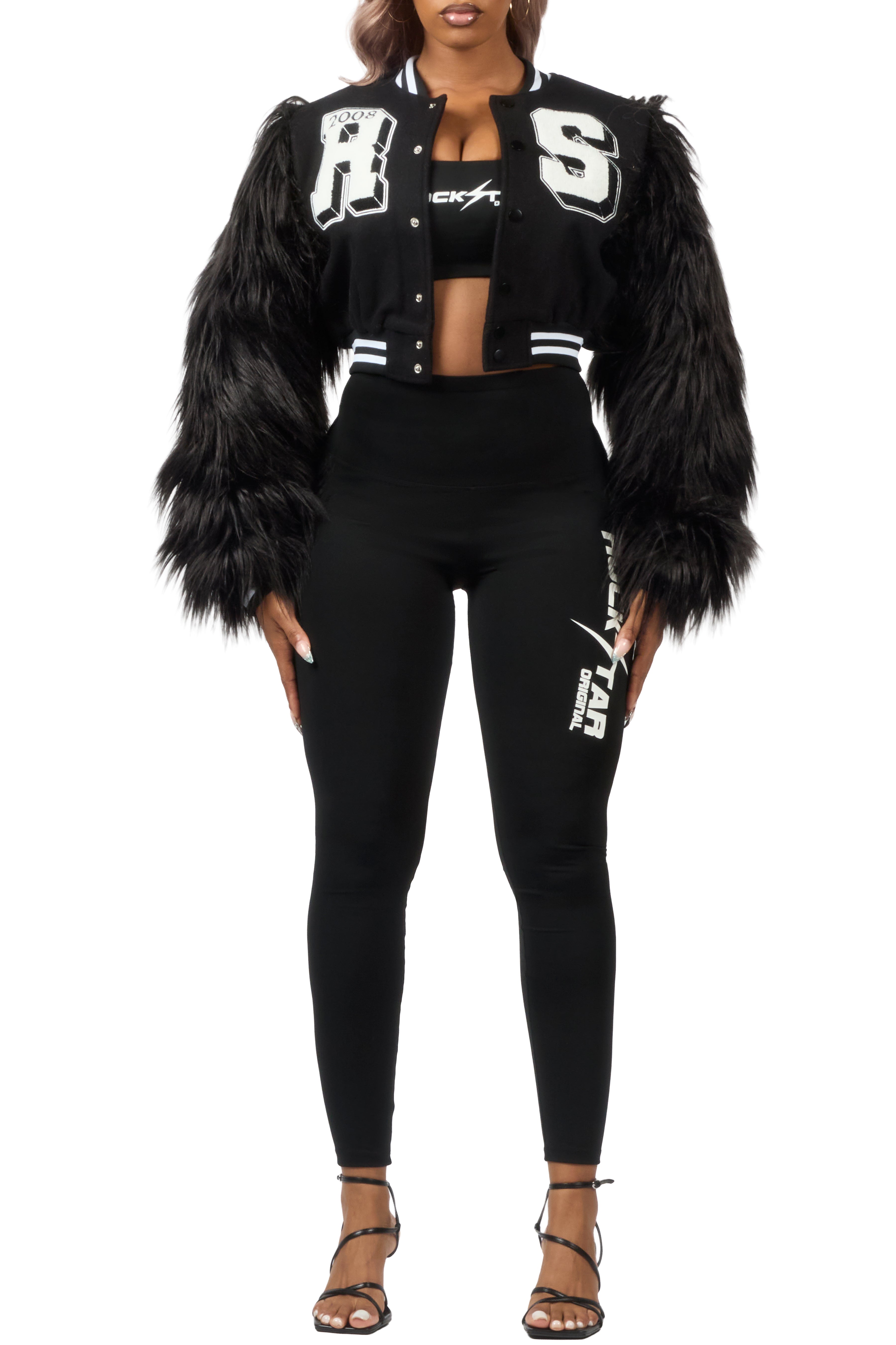Jameicia Black Fur Sleeve Varsity Jacket