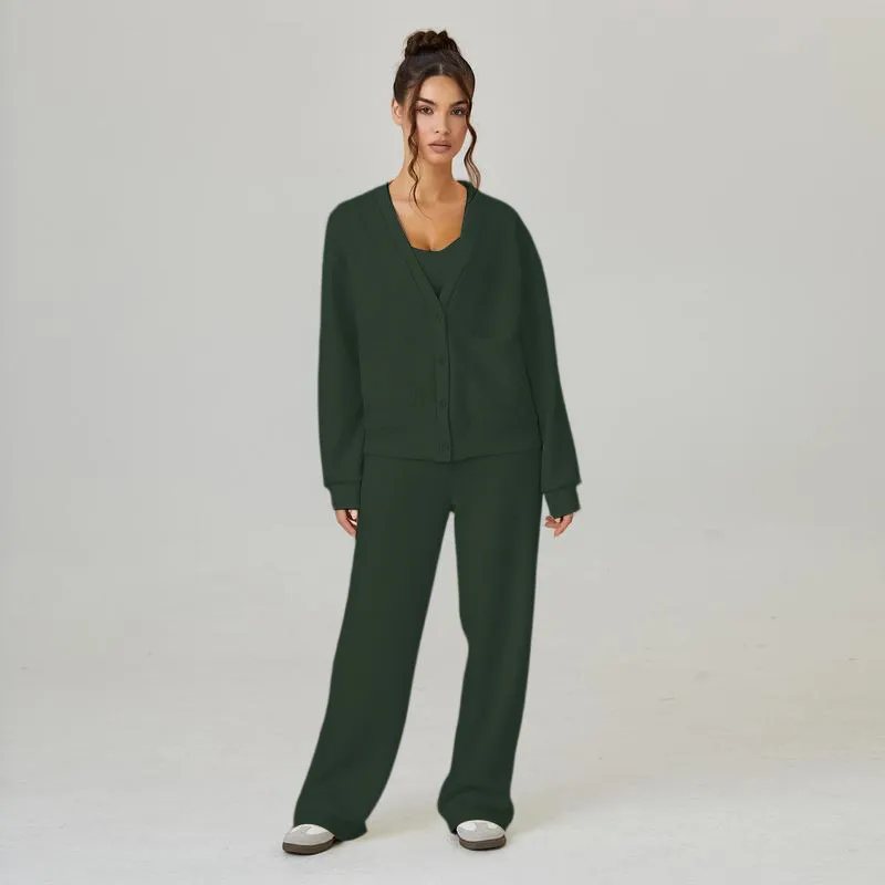 Women's Slouchy Solid Color V Neck Long Sleeve Button Cardigan & Drawstring Waist Trousers Co-ord