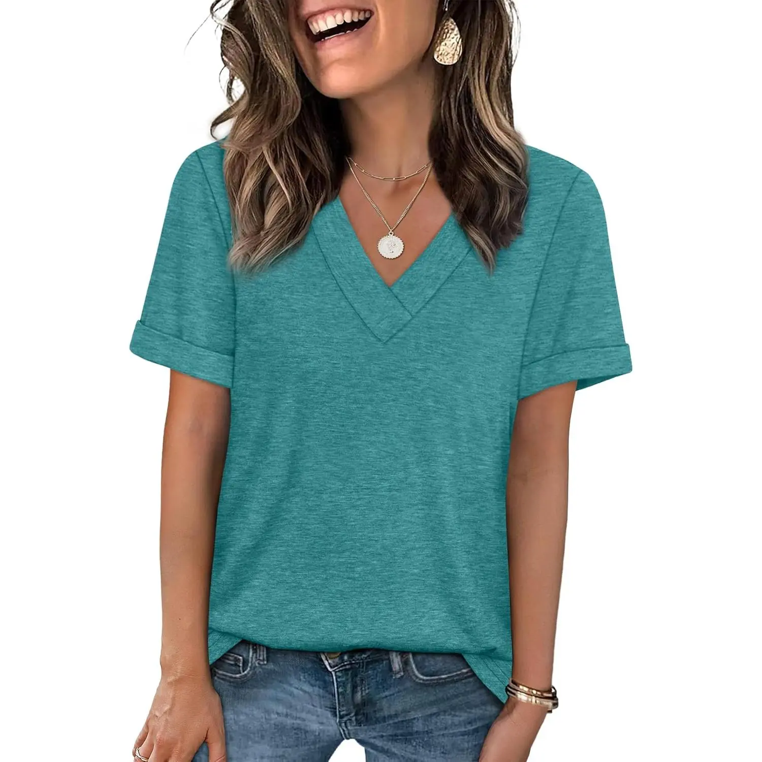 Womens Summer Tops Short Sleeve Basic Casual V Neck T Shirts Trendy Fashion