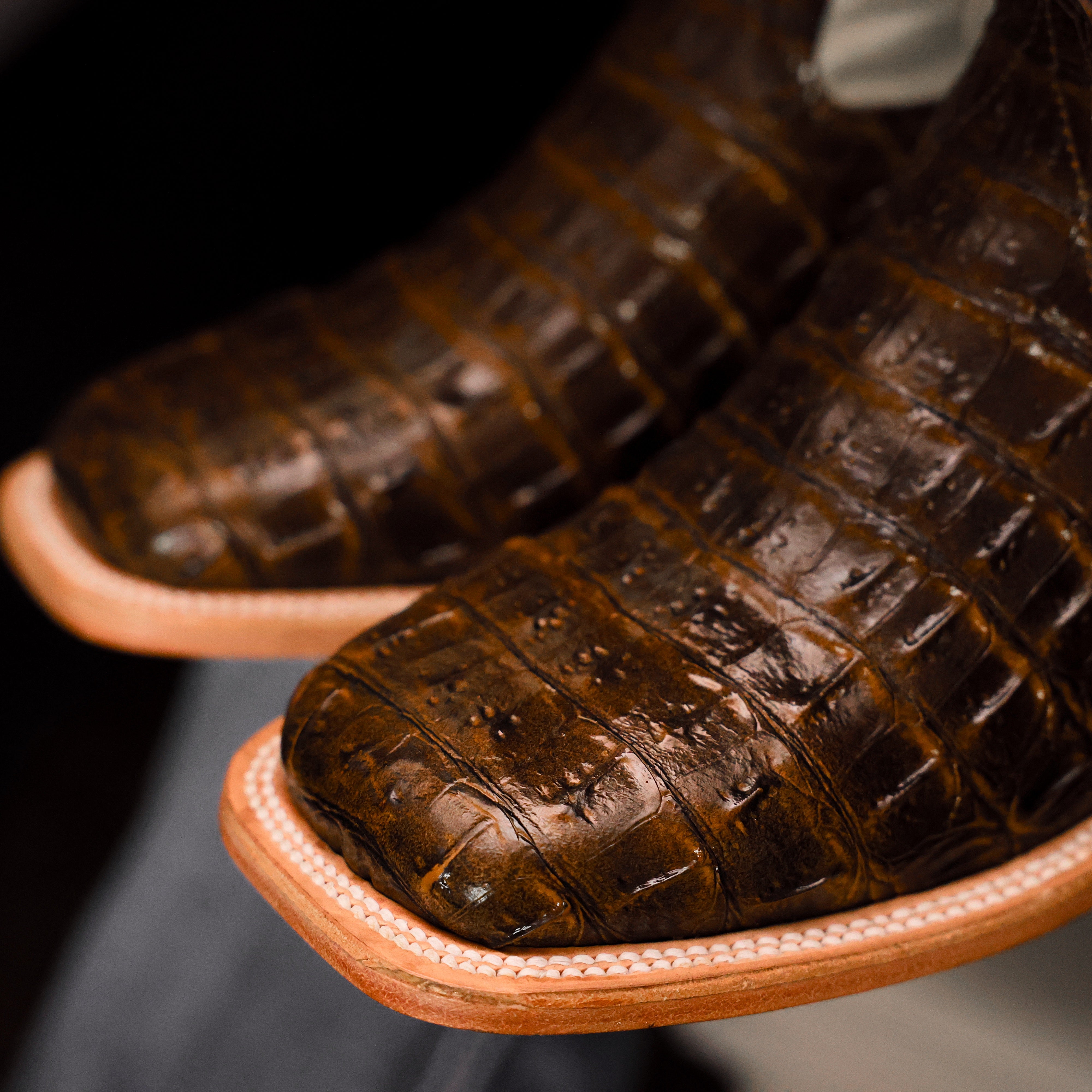 Honey Caiman Hornback Leather Boots - Square Toe