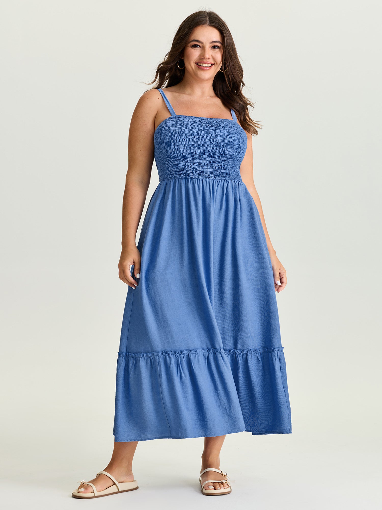 Shirred Tiered Hem Plain Maxi Dress