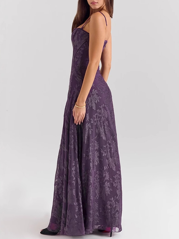 Flower Lace Sleevless Spaghetti-Neck Split-Side Maxi Dresses