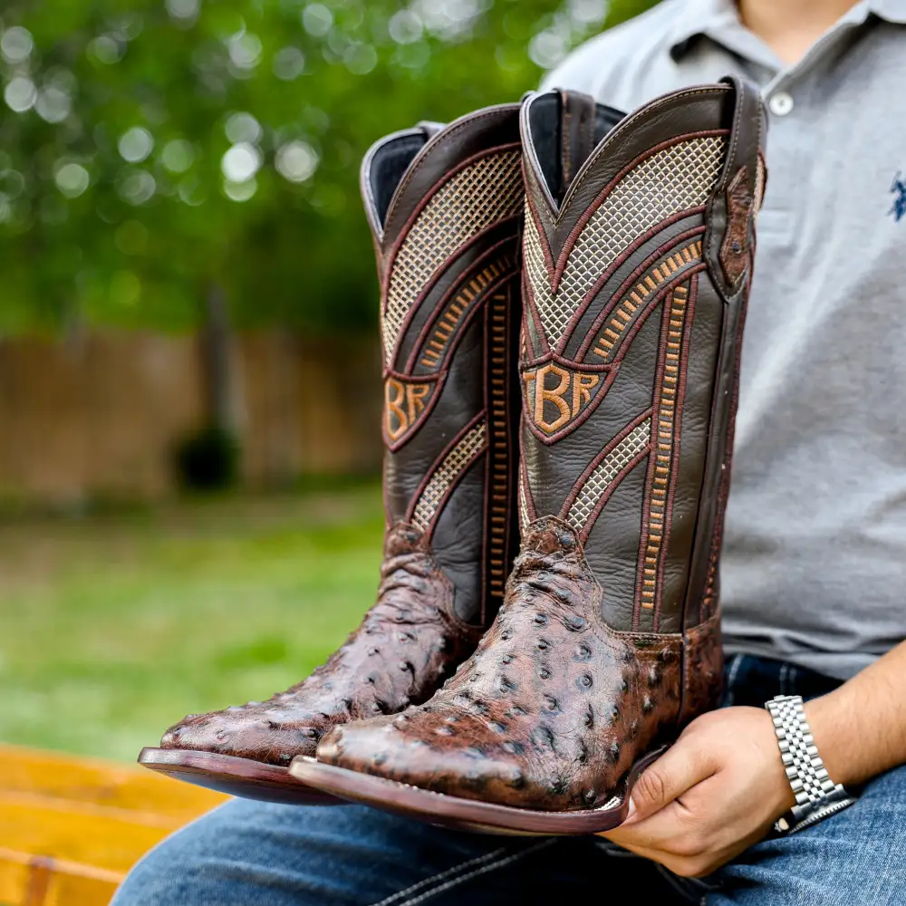 Chocolate Brown Ostrich Leather Boots - Square Toe
