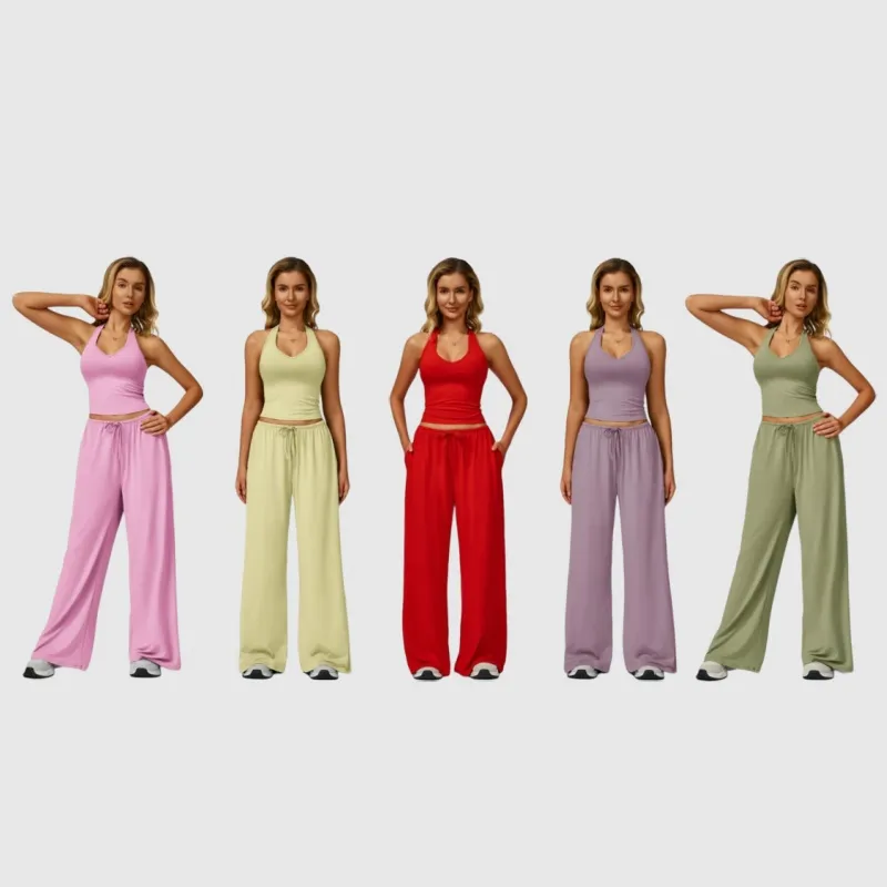 Women's Solid Crop Tank Top & Wide Leg Pants Set