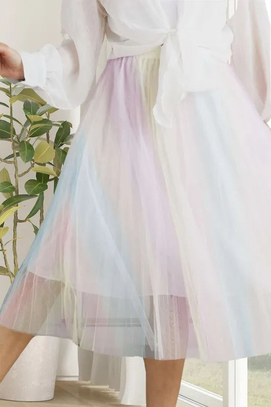 Pleated Mesh Flare Midi Skirt