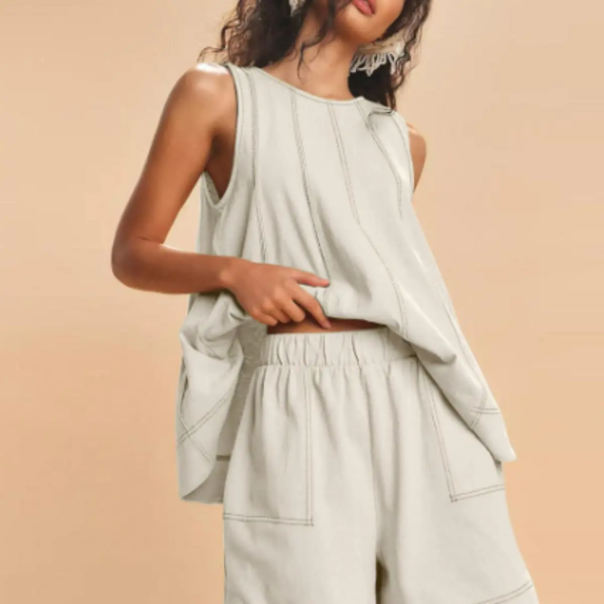 Womens 2 Piece Outfits Sleeveless Matching Sets A Line Tank Tops Contrast Stitching High Waist Shorts with Pockets