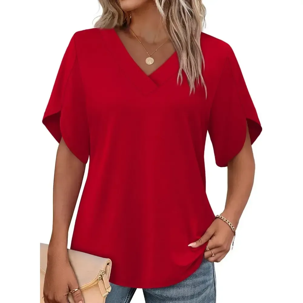 Womens Summer Tops Short Petal Sleeve Shirts Fashion V Neck Outfits Clothes