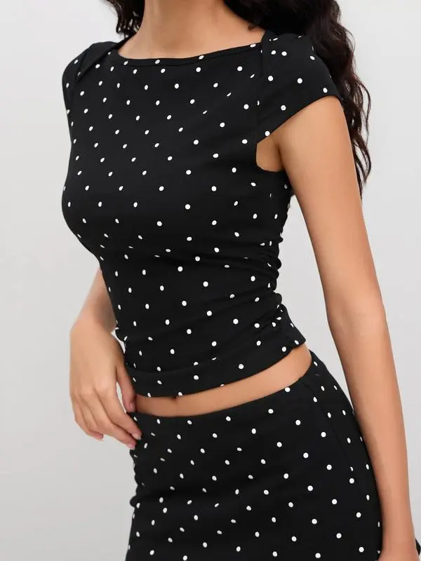 Cotton-Blend Polka Dot Boat Neck Tee & Mini Skort Set
