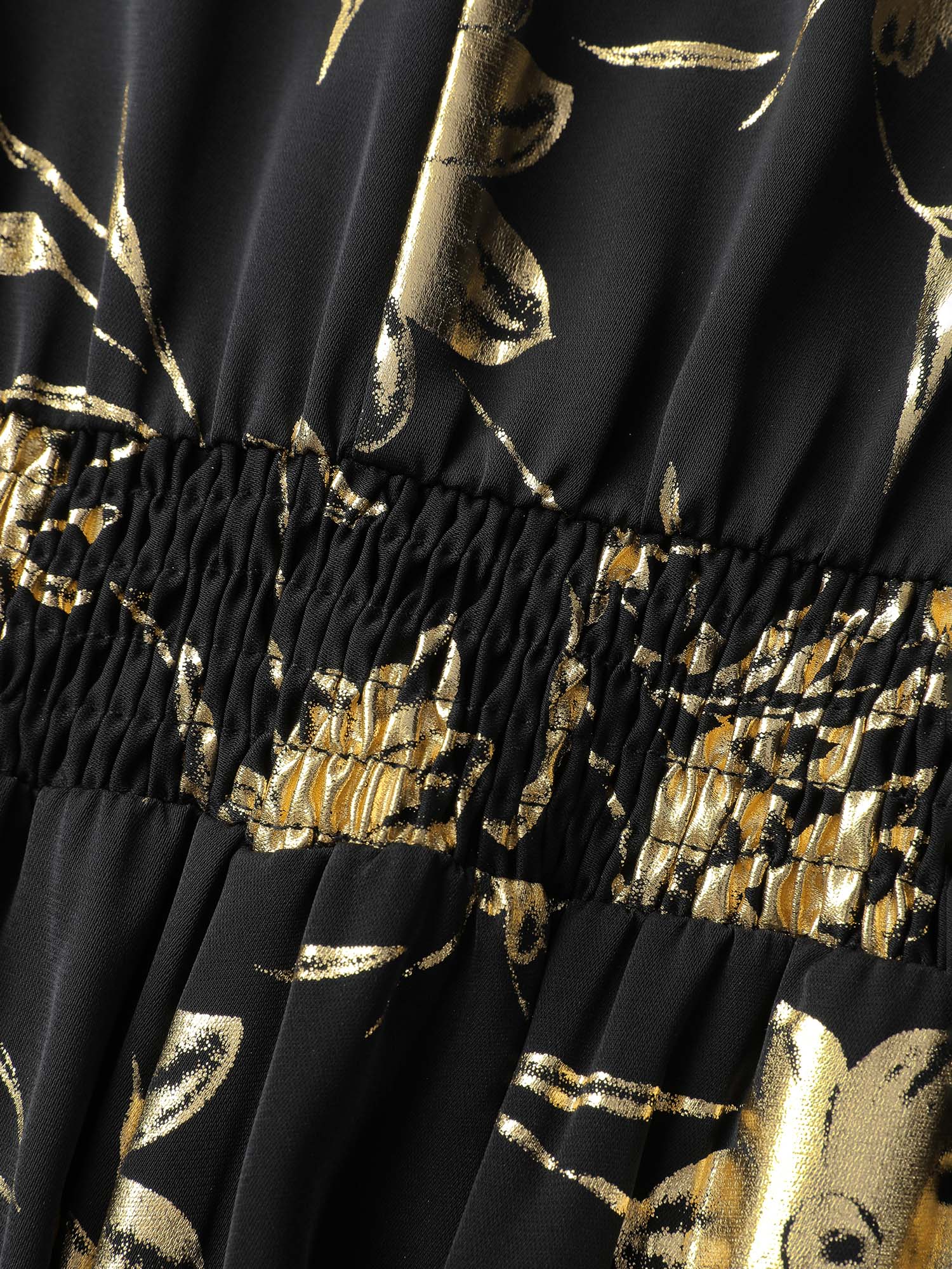 Gold Stamp Shirred Back-Waist Maxi Dress