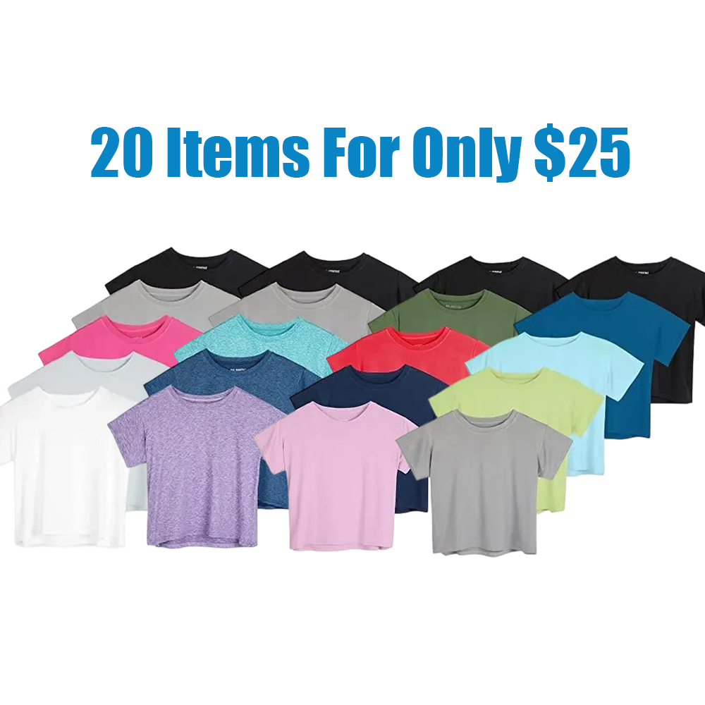 20 Pack: Women's Dry Fit Crop Top - Short Sleeve Crew Neck Stretch Athletic Tee