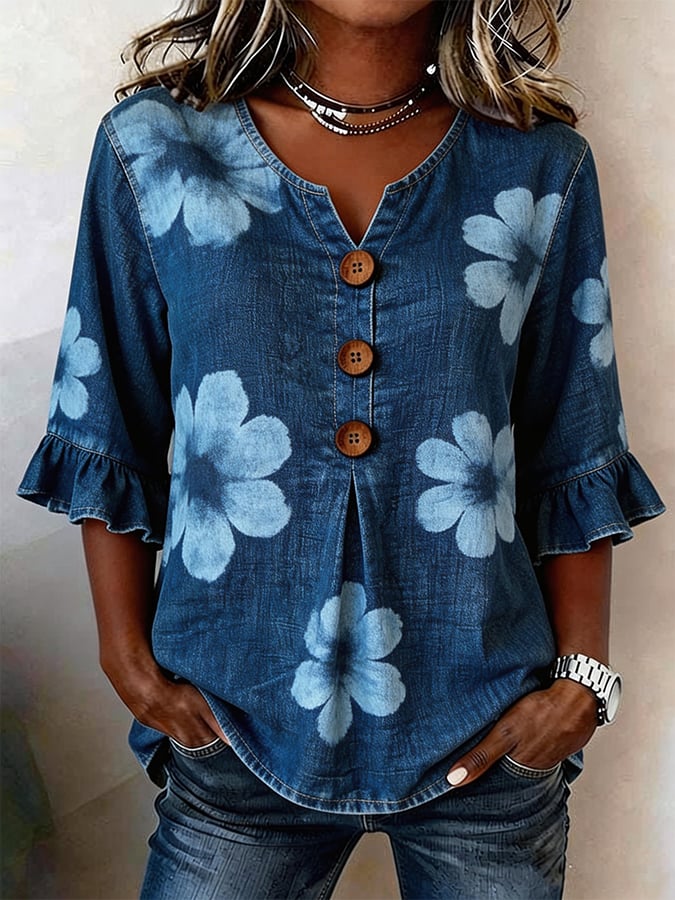 Women's denim casual printed short-sleeved top