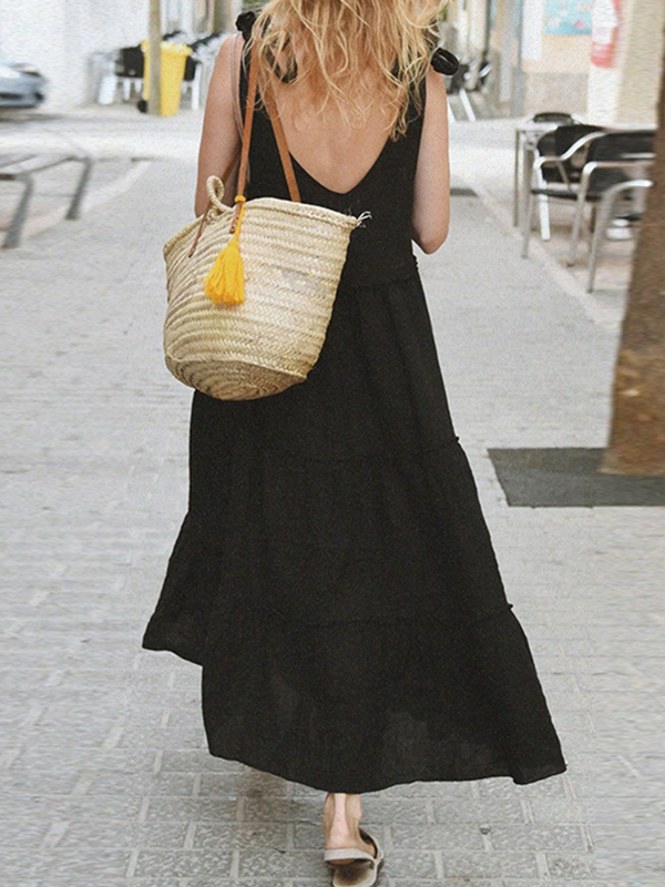 Solid Color Loose Sleeveless V-Neck Midi Dresses