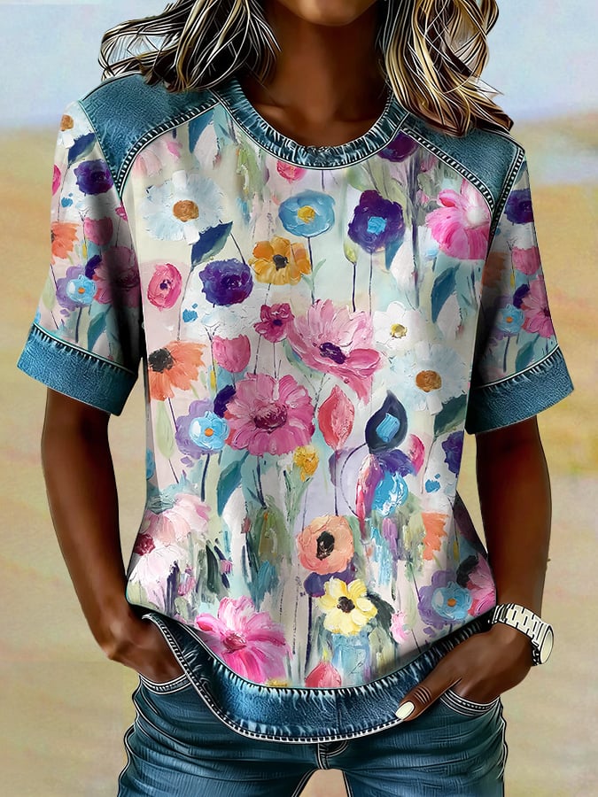 Women's casual retro Western floral T-shirt