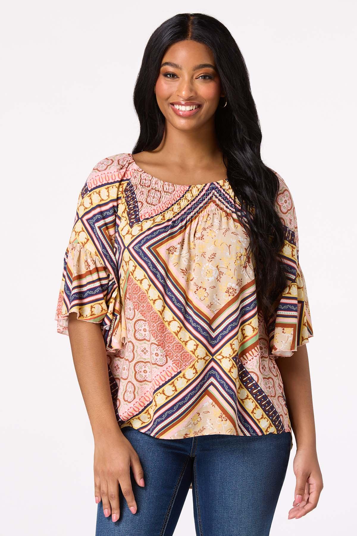 Smocked Neck Patchwork Poet Top
