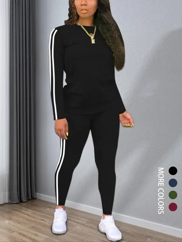 Women's solid color long-sleeved top and pants set