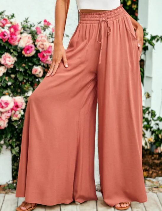 Shirred High Waist Gathered TiePalazzo Pants