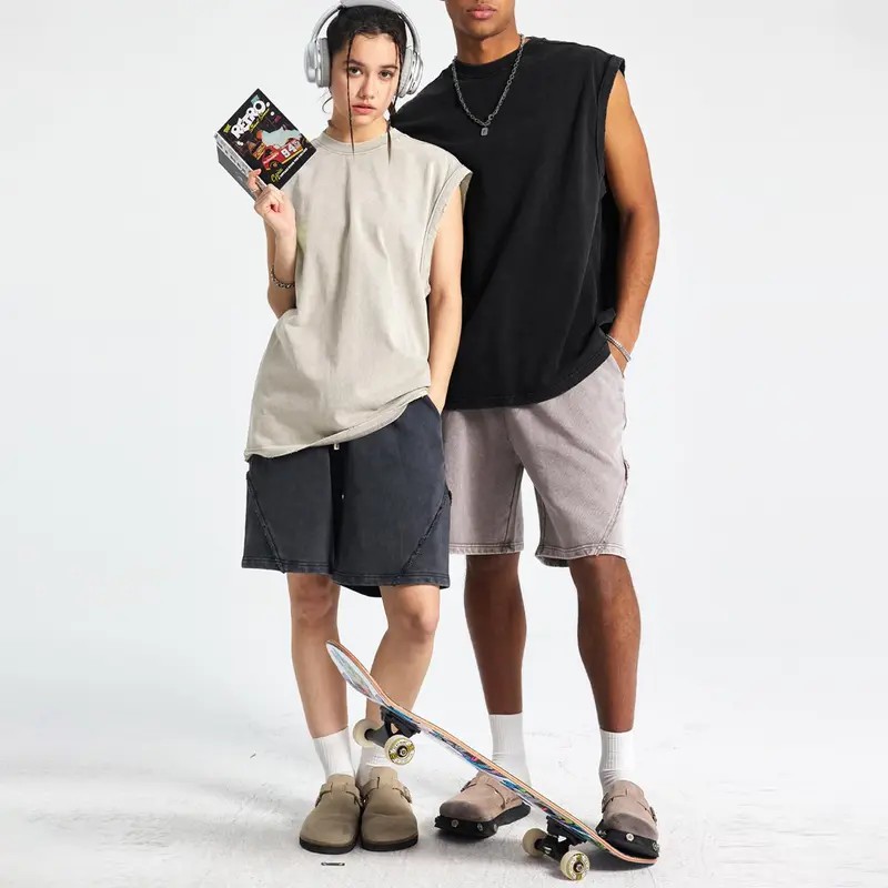 Unisex Acid Wash Cotton Muscle Tank Top – Loose Fit Gym & Streetwear Vest