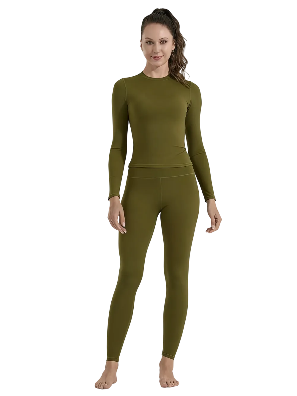 Women's Solid Long Sleeve Tee & High Waist Leggings Sportswear Set