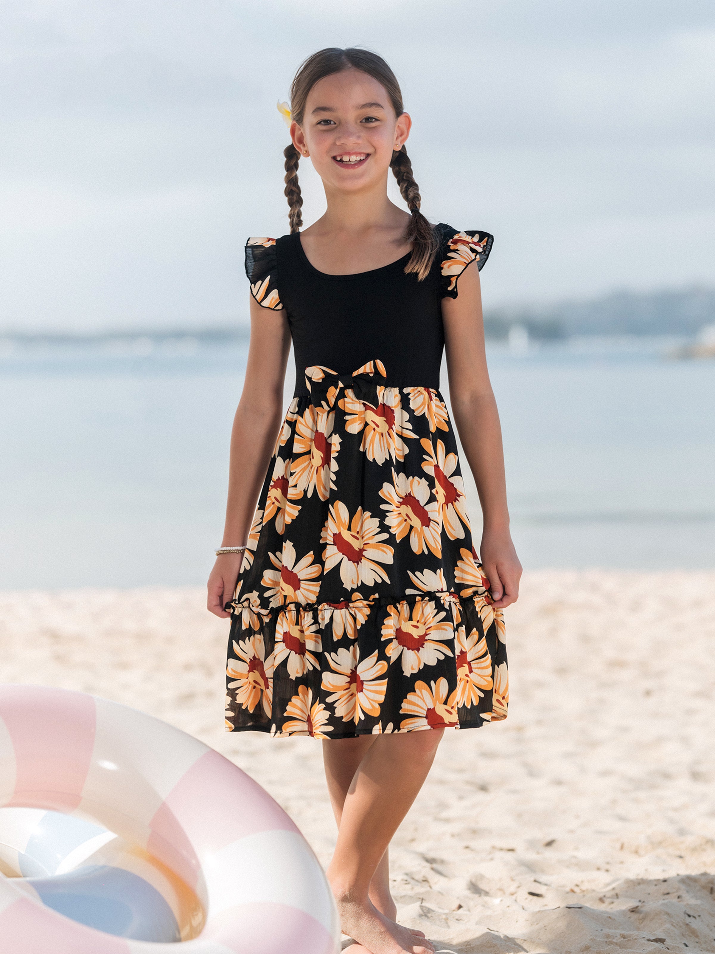 Family Matching Set Floral Sleeveless Strappy Dress or Colorblock Short-sleeve T-shirt  Black