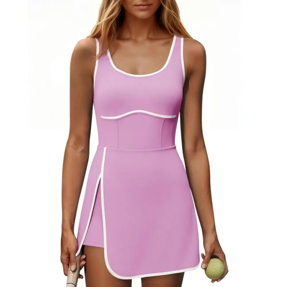 Womens Workout Tennis Dress with Built-in Bra & Shorts Pockets Sleeveless Cutout Golf Athletic Mini Dresses