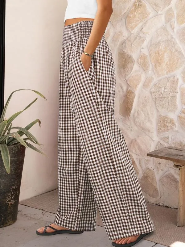 Womens Striped Gingham Palazzo Pants Wide Leg High Waisted Lounge Pajama Pants